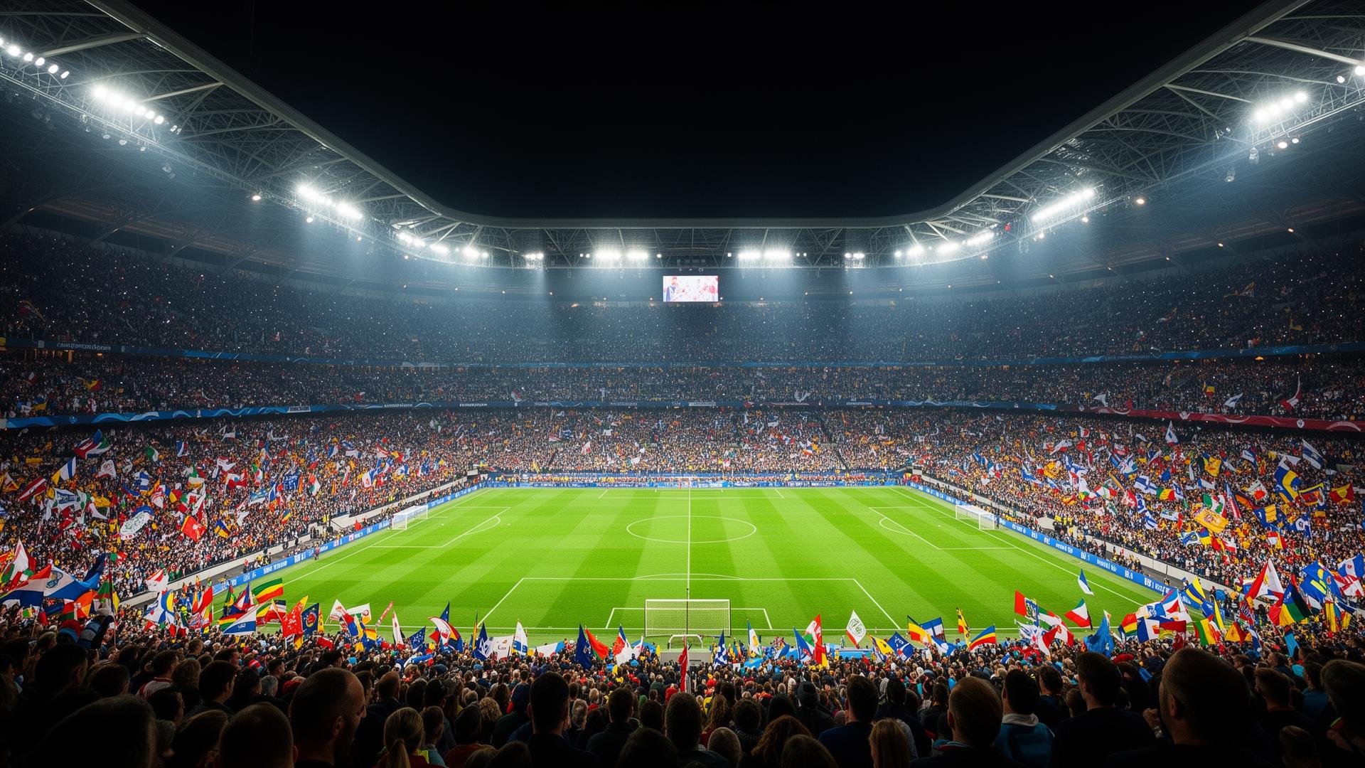 Packed soccer stadium at night with fans waving flags